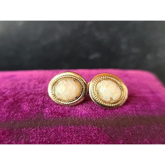Amco 14K Gold Filled Floating Opal Screwback Earrings Vintage - Picture 3 of 10